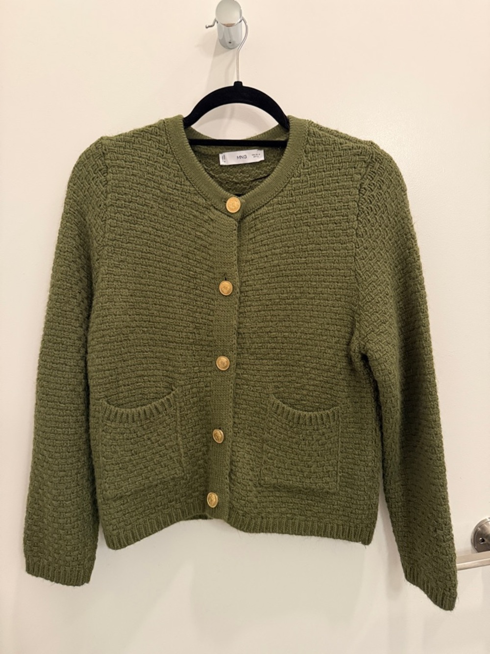 Mango Olive Textured Button-Up Cardigan with Pockets